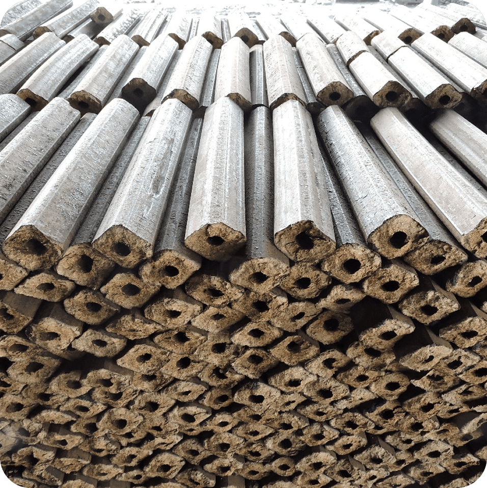 Stack of hexagonal biomass briquettes